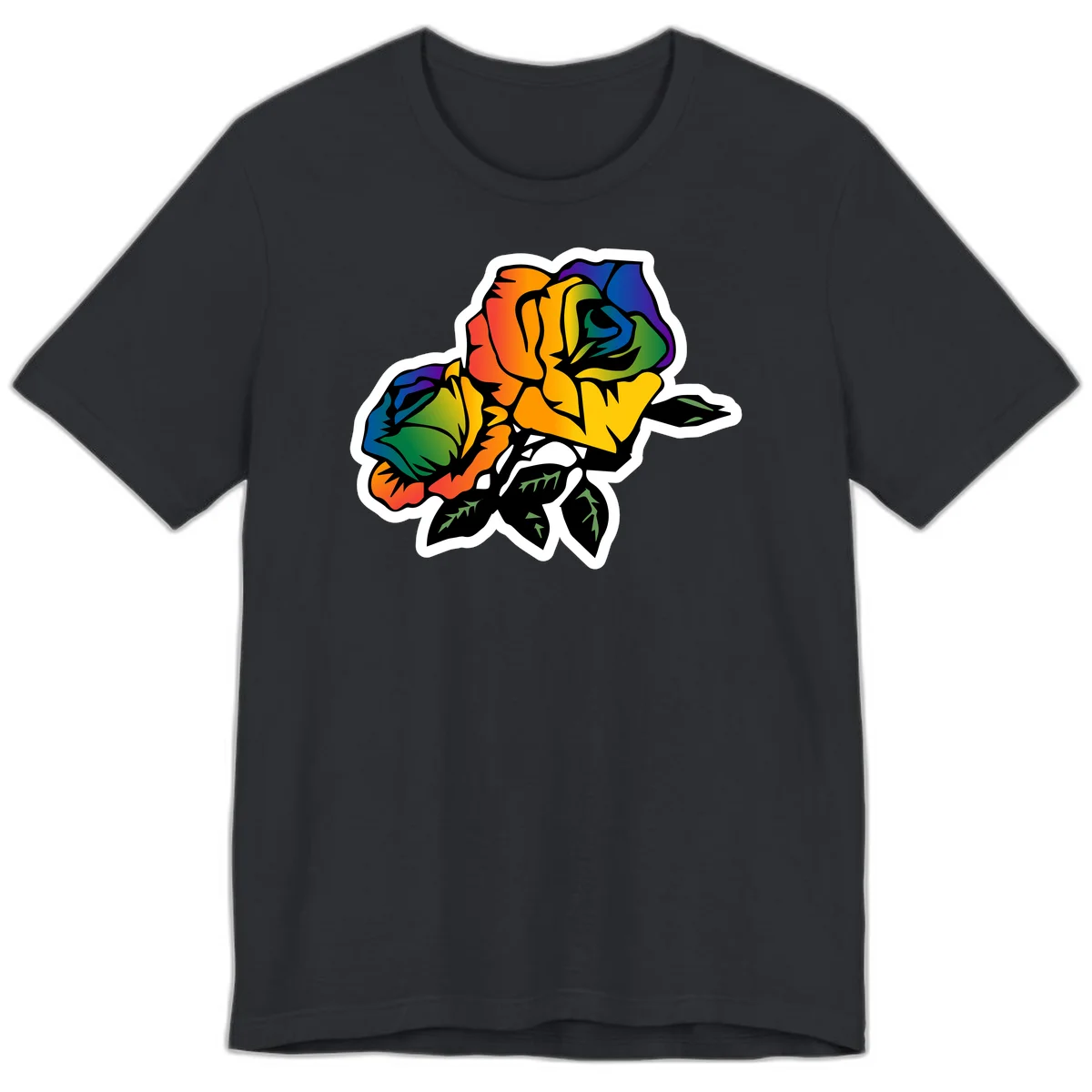Rainbow pride rose illustration with red, orange, yellow, green, blue, and purple petals, black outline, and green leaves on white background in Vintage Black