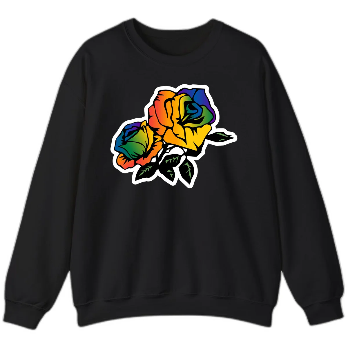 Rainbow pride rose illustration with red, orange, yellow, green, blue, and purple petals, black outline, and green leaves on white background in Black