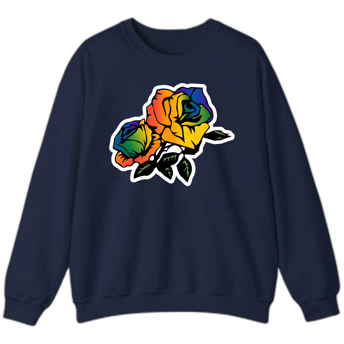 Rainbow pride rose illustration with red, orange, yellow, green, blue, and purple petals, black outline, and green leaves on white background in Navy