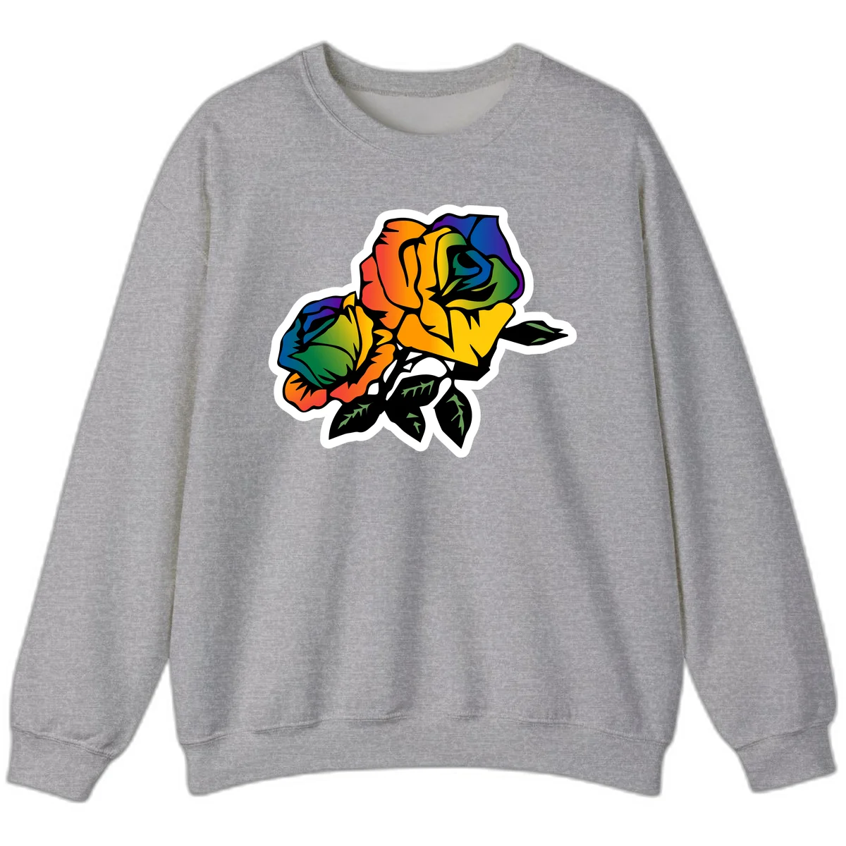 Rainbow pride rose illustration with red, orange, yellow, green, blue, and purple petals, black outline, and green leaves on white background in Sport Grey