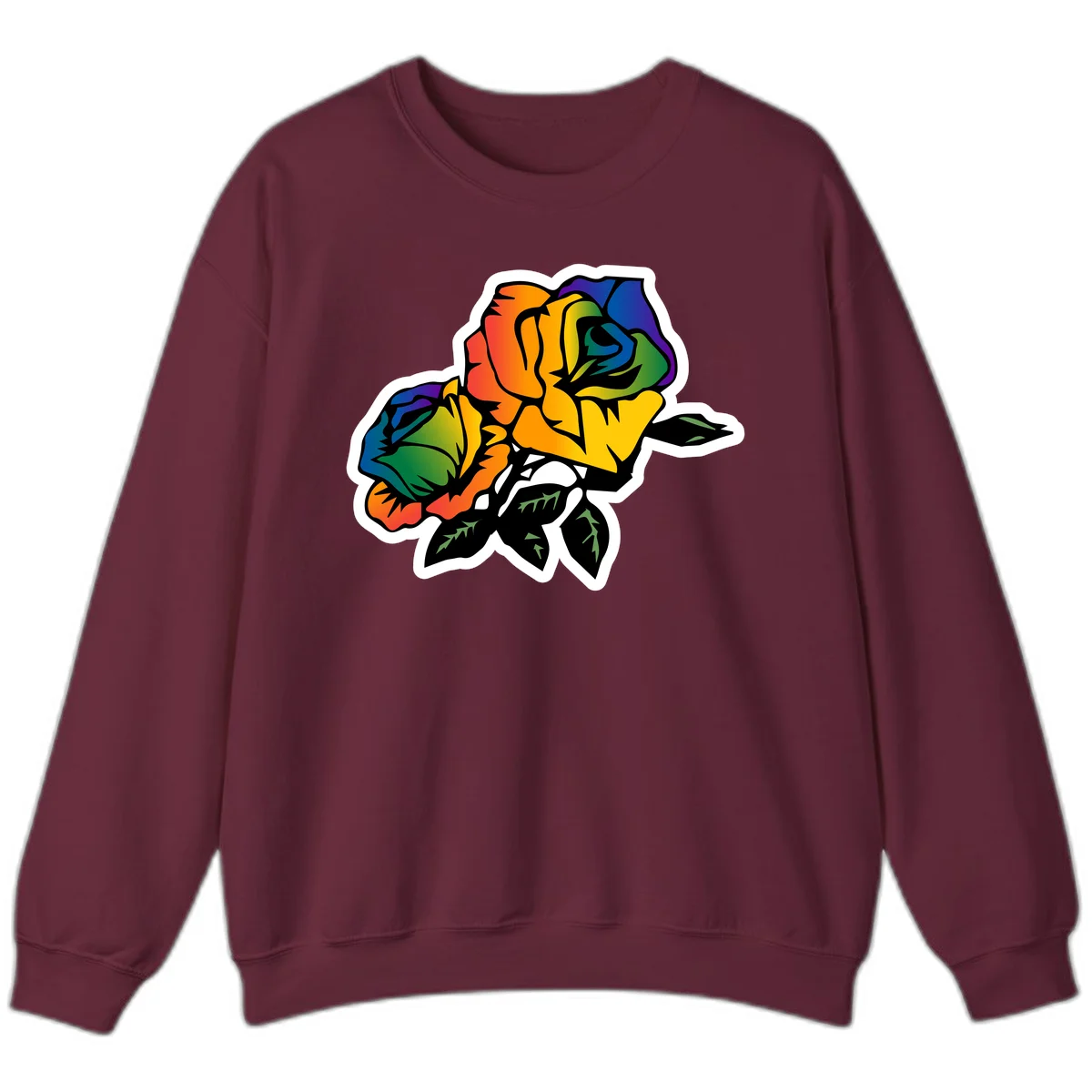 Rainbow pride rose illustration with red, orange, yellow, green, blue, and purple petals, black outline, and green leaves on white background in Maroon