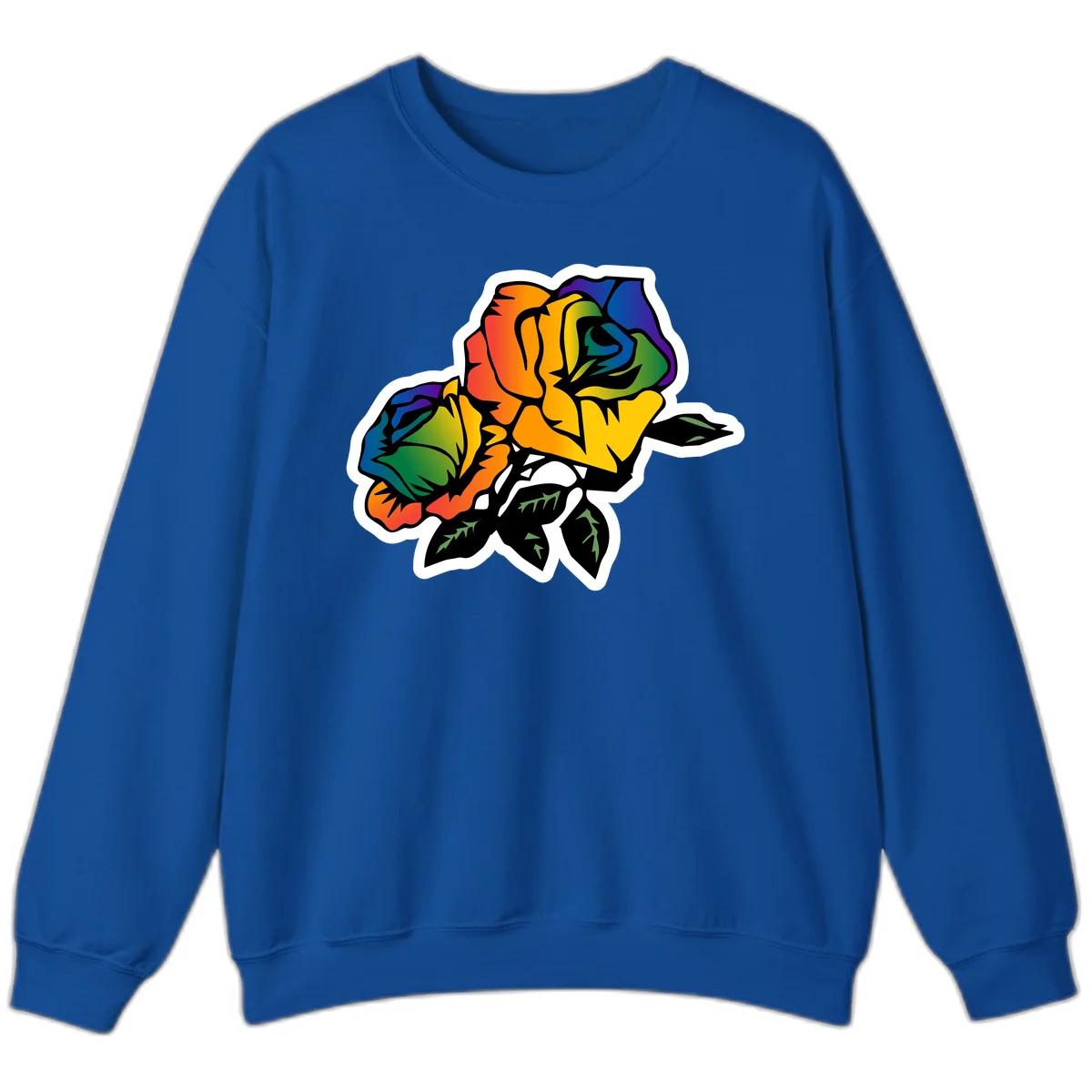 Rainbow pride rose illustration with red, orange, yellow, green, blue, and purple petals, black outline, and green leaves on white background in Royal