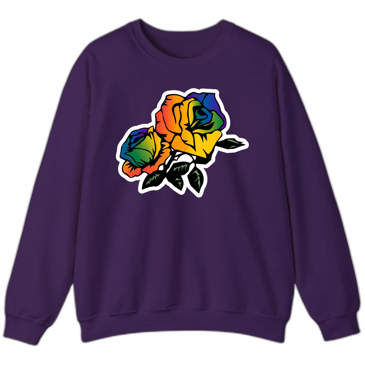 Rainbow pride rose illustration with red, orange, yellow, green, blue, and purple petals, black outline, and green leaves on white background in Purple