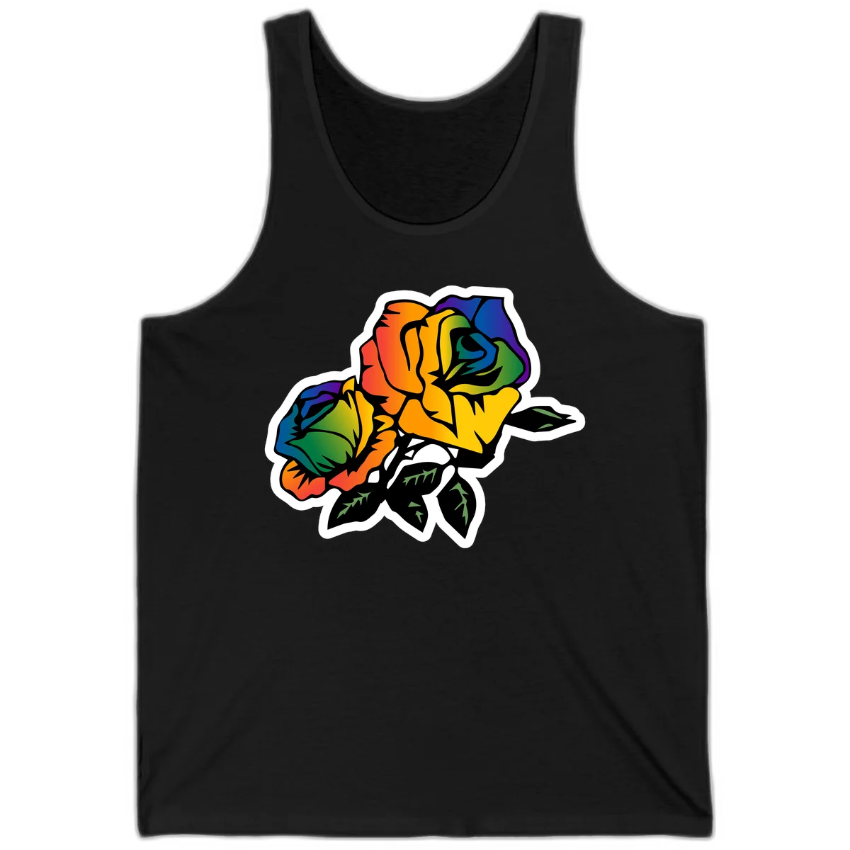 Rainbow pride rose illustration with red, orange, yellow, green, blue, and purple petals, black outline, and green leaves on white background in Black