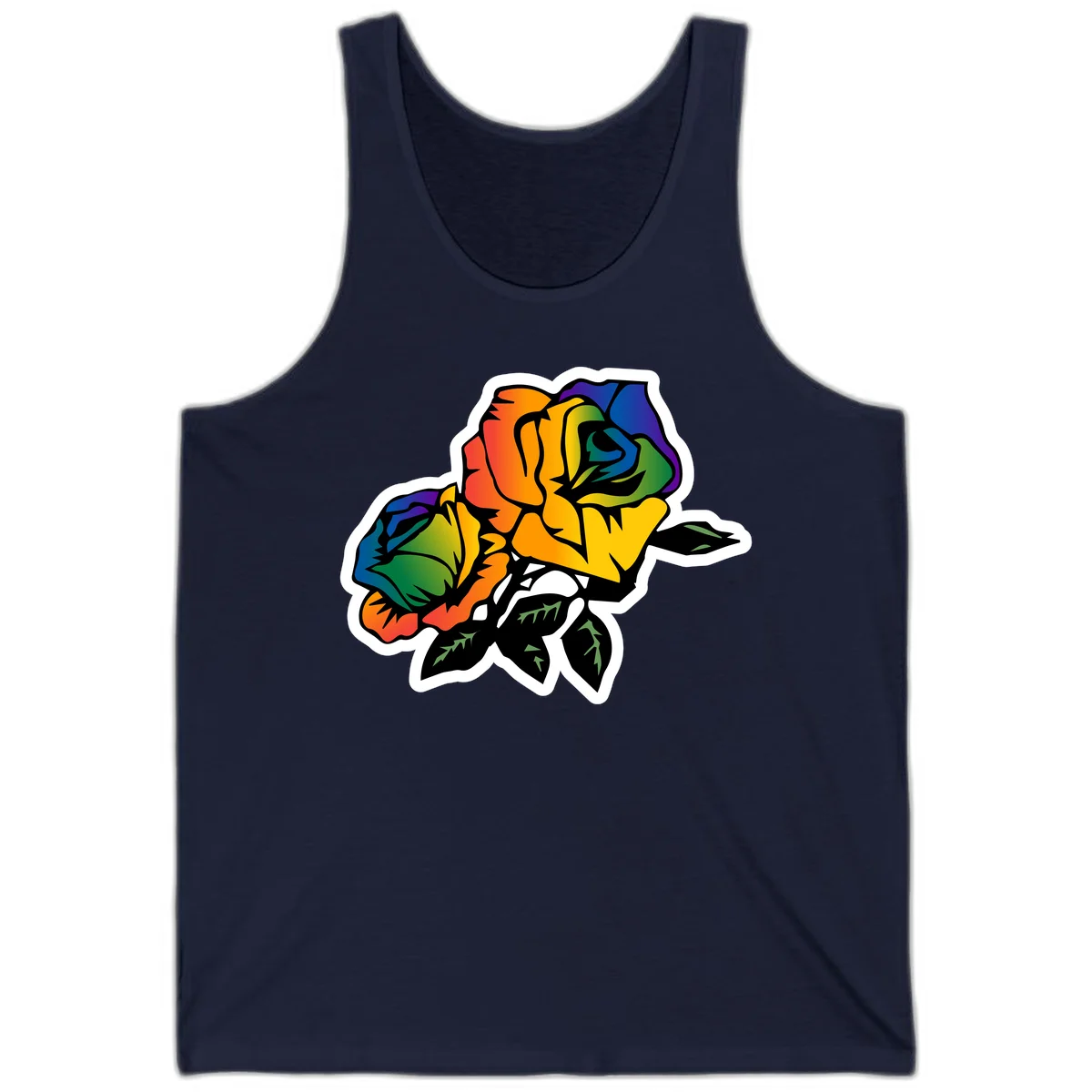 Rainbow pride rose illustration with red, orange, yellow, green, blue, and purple petals, black outline, and green leaves on white background in Navy