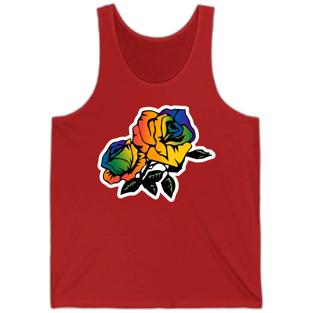 Rainbow pride rose illustration with red, orange, yellow, green, blue, and purple petals, black outline, and green leaves on white background in Red