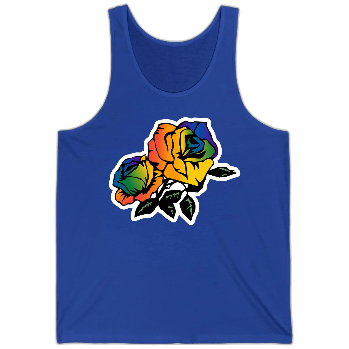 Rainbow pride rose illustration with red, orange, yellow, green, blue, and purple petals, black outline, and green leaves on white background in True Royal