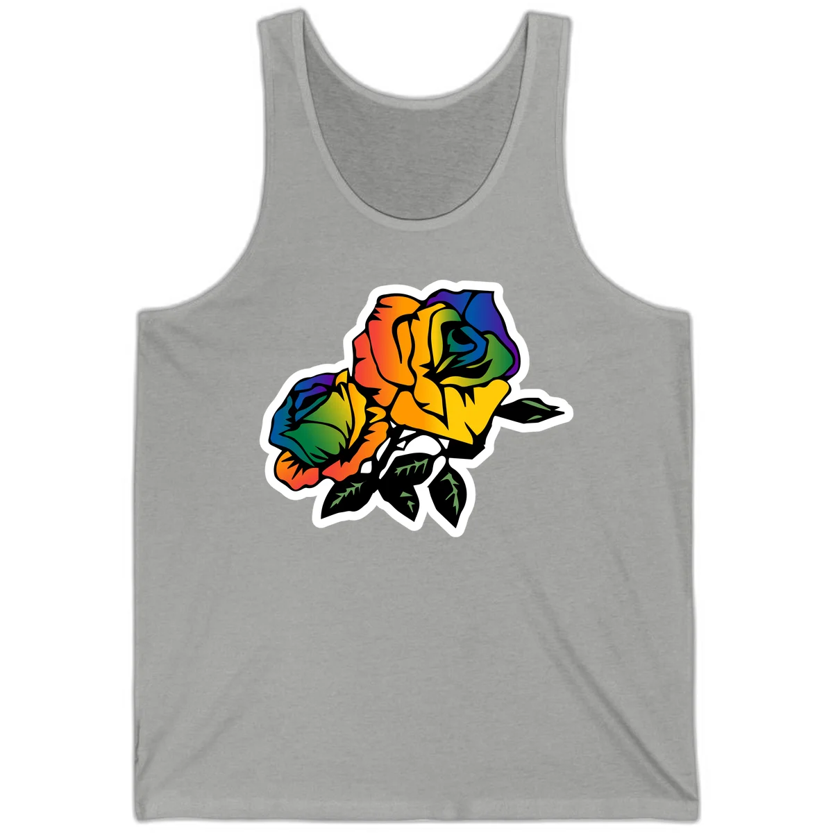 Rainbow pride rose illustration with red, orange, yellow, green, blue, and purple petals, black outline, and green leaves on white background in Athletic Heather