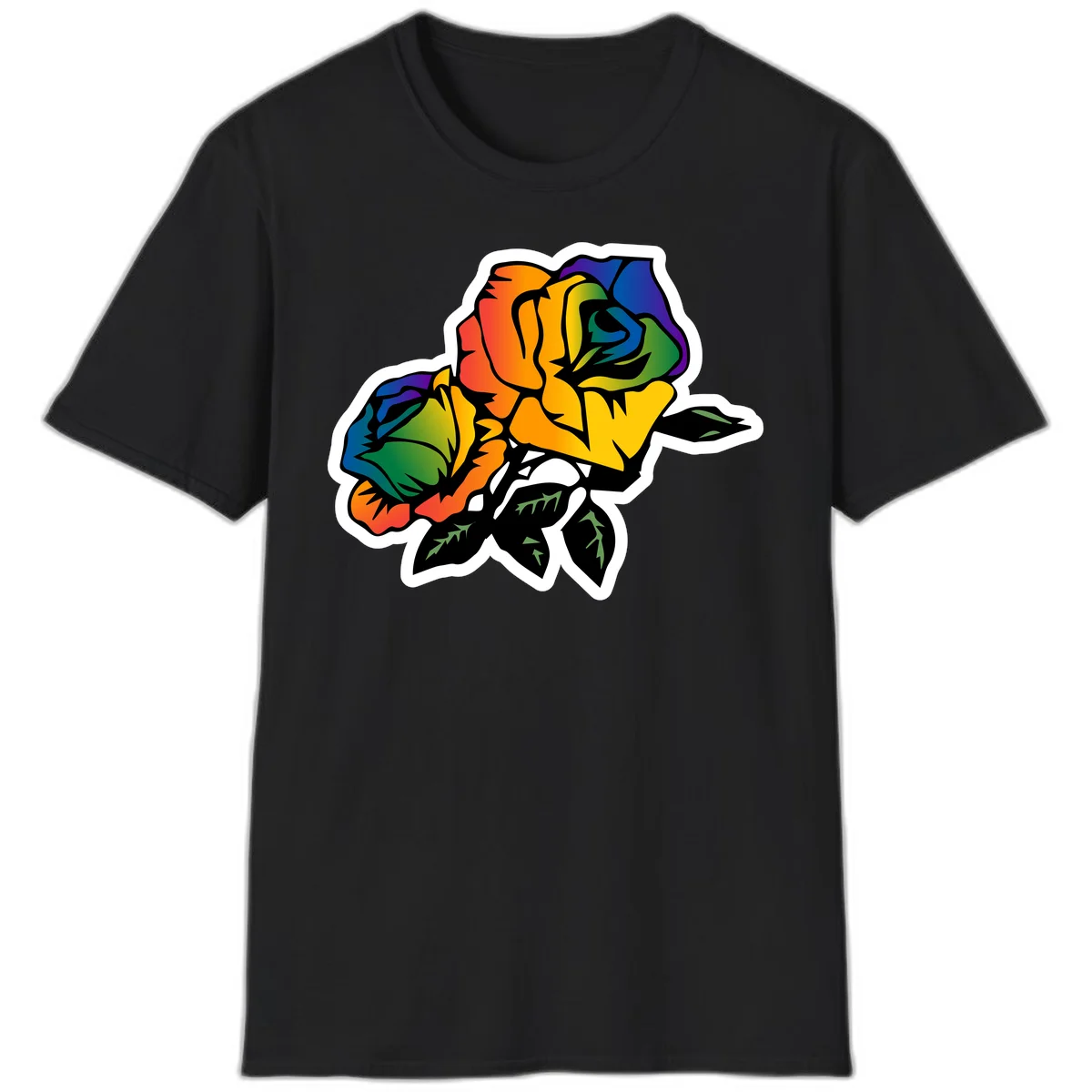 Rainbow pride rose illustration with red, orange, yellow, green, blue, and purple petals, black outline, and green leaves on white background in Black