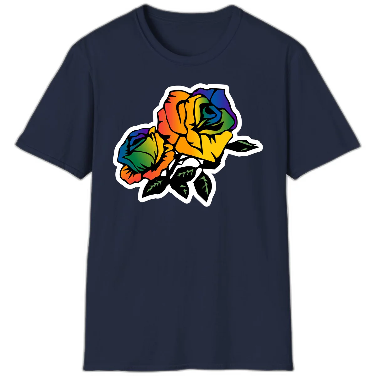 Rainbow pride rose illustration with red, orange, yellow, green, blue, and purple petals, black outline, and green leaves on white background in Navy