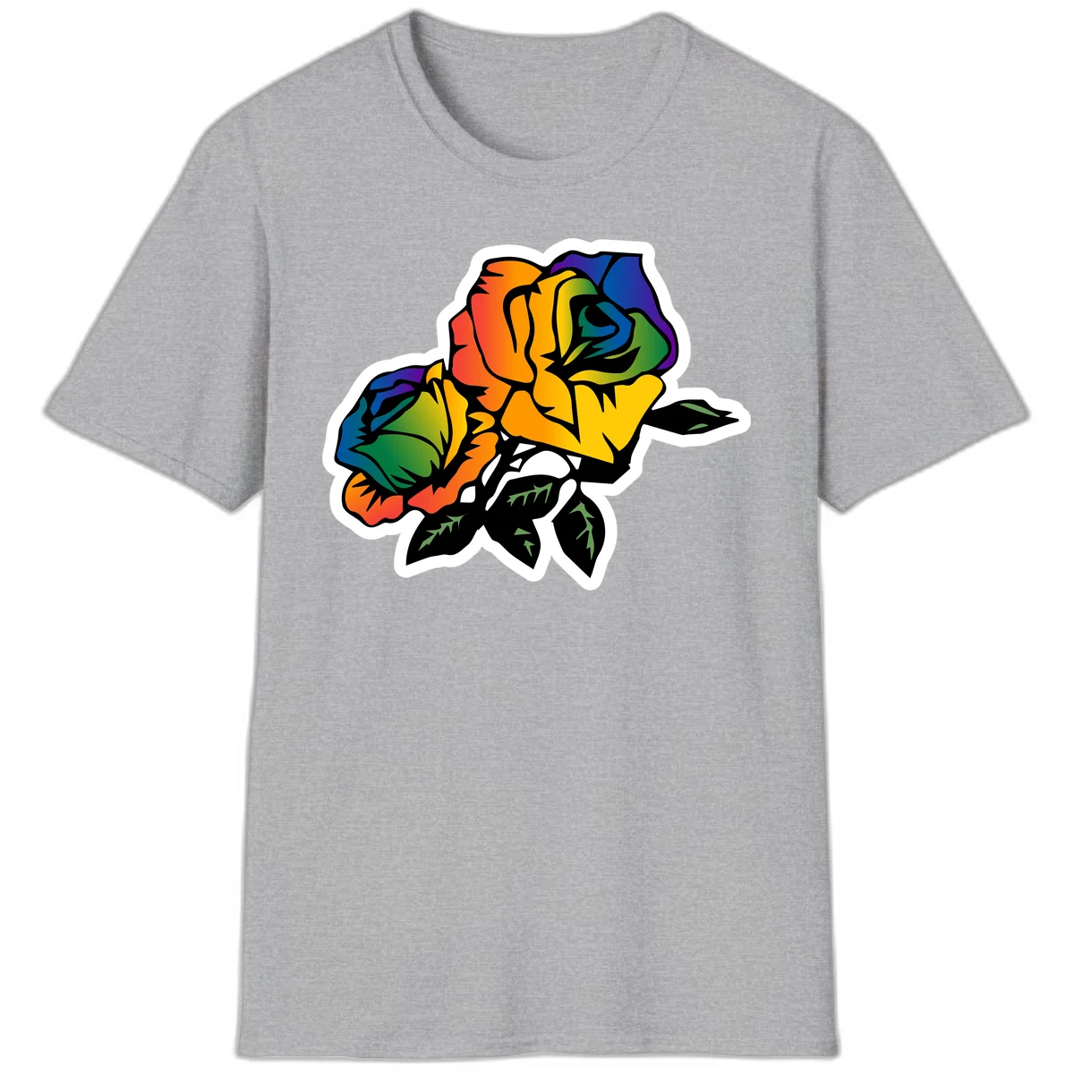 Rainbow pride rose illustration with red, orange, yellow, green, blue, and purple petals, black outline, and green leaves on white background in Sport Grey