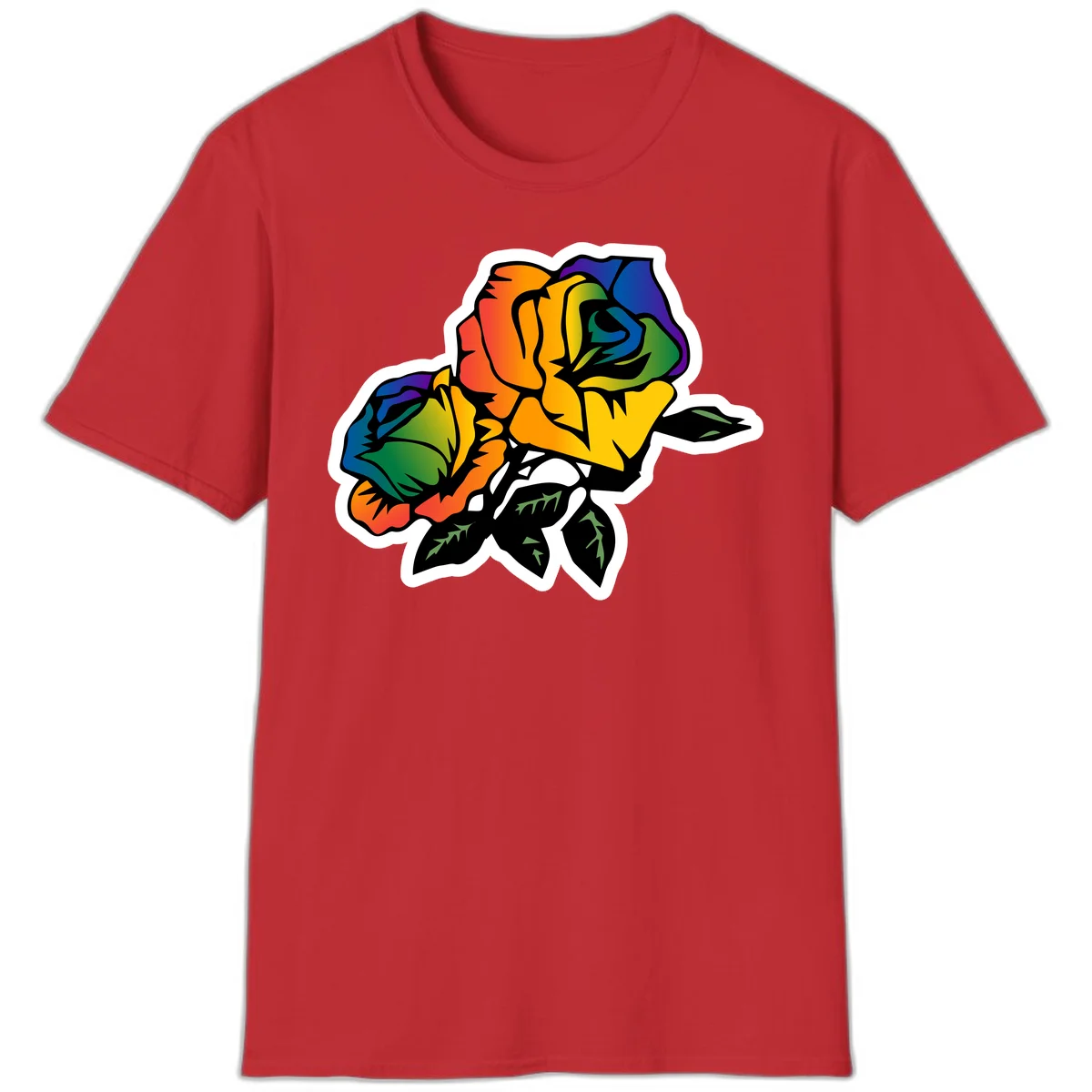 Rainbow pride rose illustration with red, orange, yellow, green, blue, and purple petals, black outline, and green leaves on white background in Red