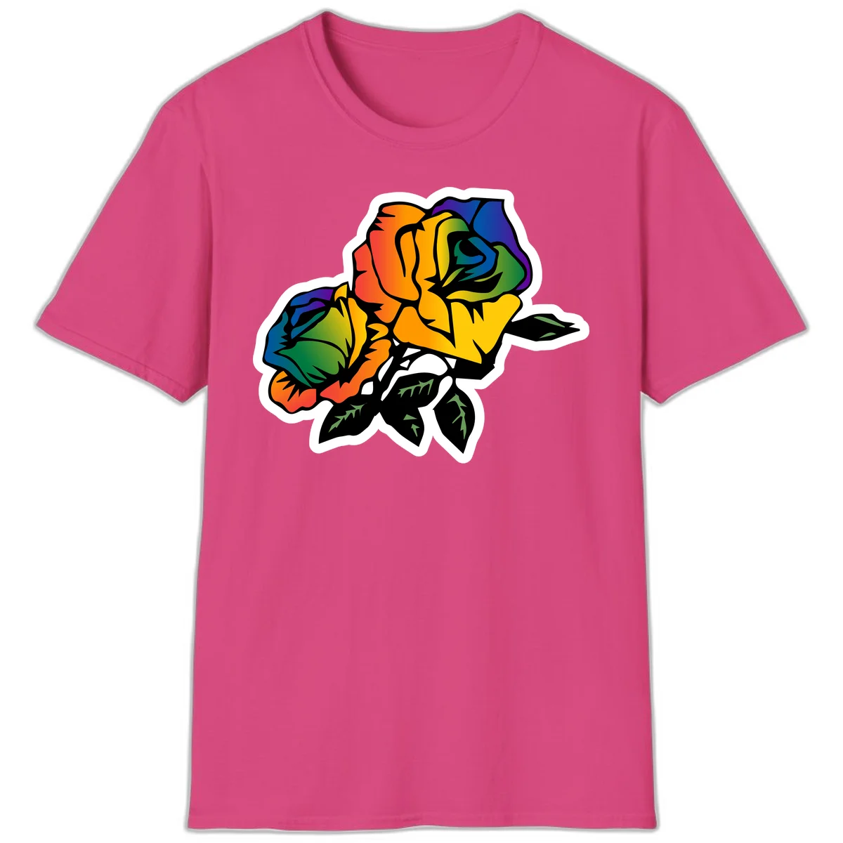 Rainbow pride rose illustration with red, orange, yellow, green, blue, and purple petals, black outline, and green leaves on white background in Heliconia