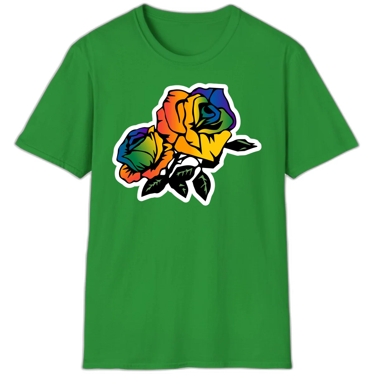 Rainbow pride rose illustration with red, orange, yellow, green, blue, and purple petals, black outline, and green leaves on white background in Irish Green