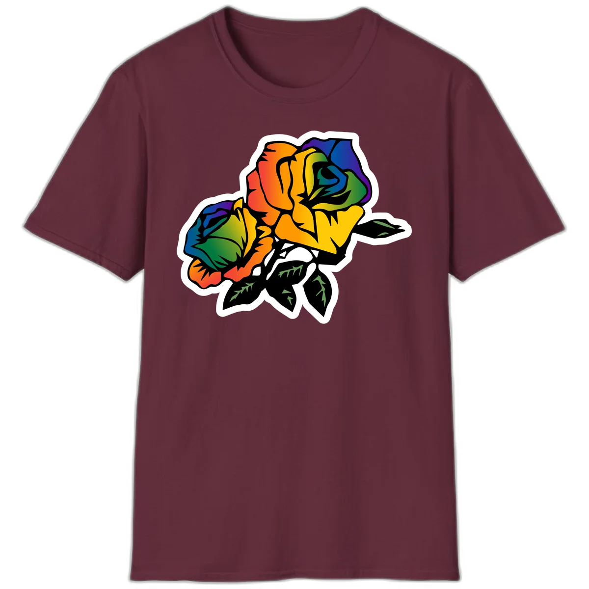 Rainbow pride rose illustration with red, orange, yellow, green, blue, and purple petals, black outline, and green leaves on white background in Maroon