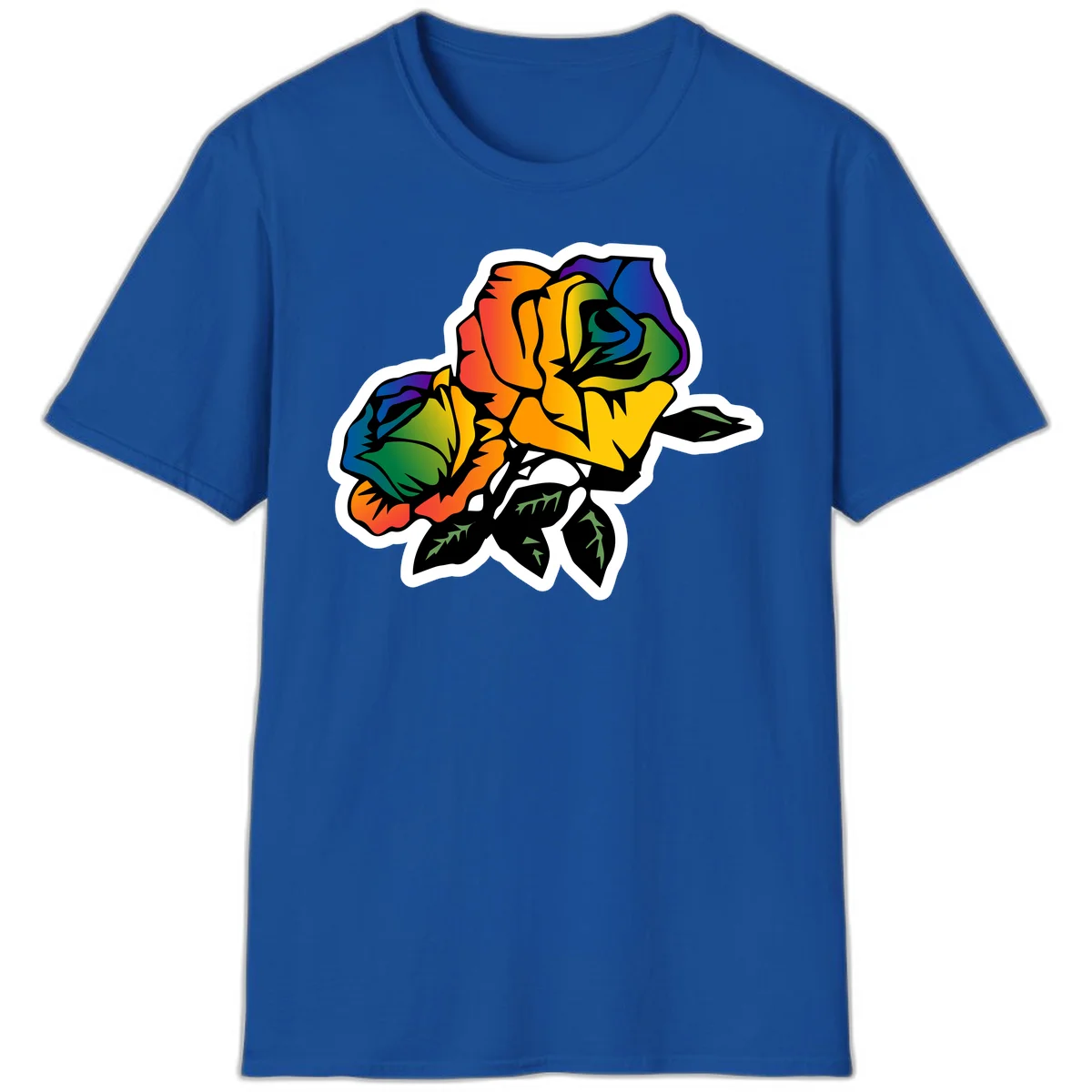 Rainbow pride rose illustration with red, orange, yellow, green, blue, and purple petals, black outline, and green leaves on white background in Royal