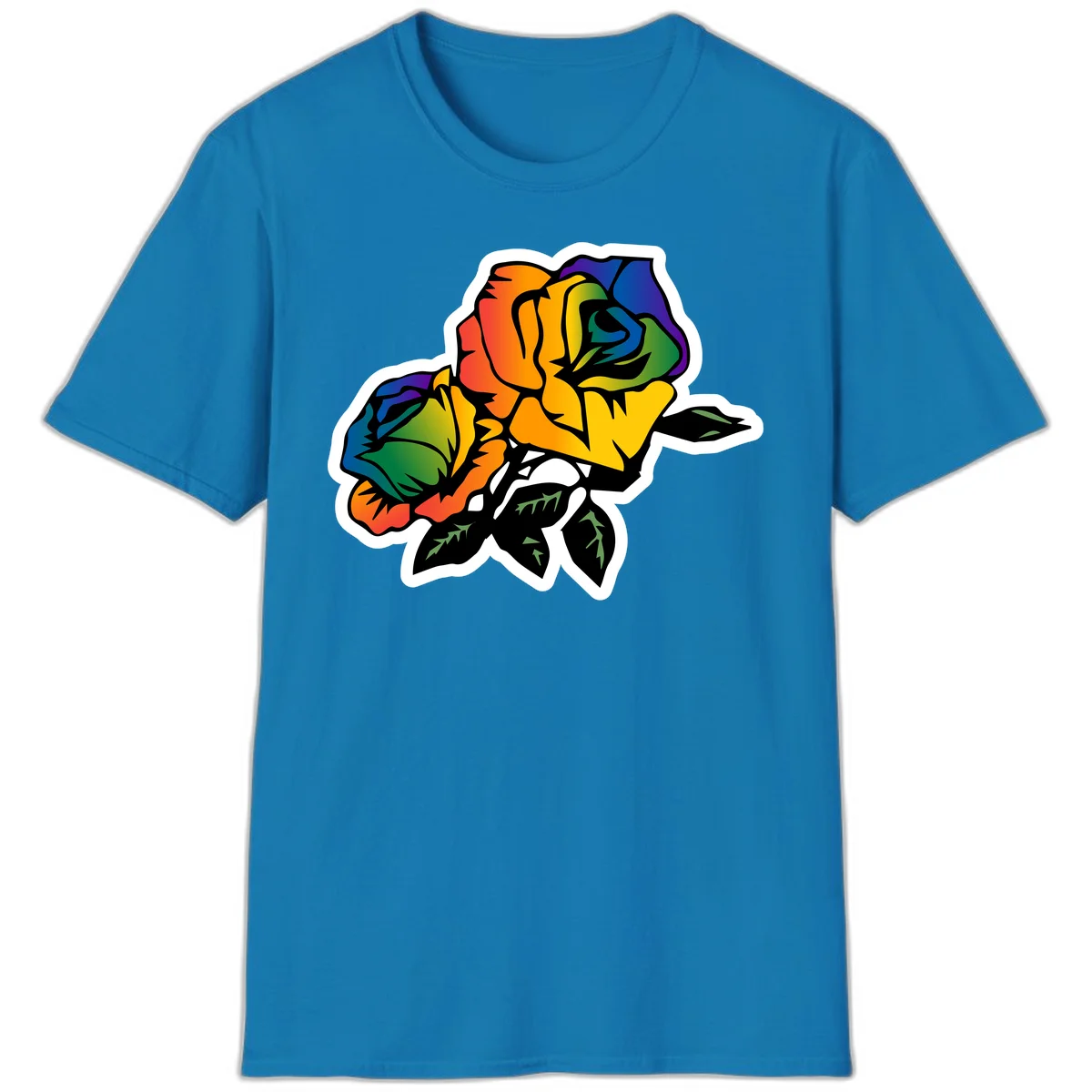 Rainbow pride rose illustration with red, orange, yellow, green, blue, and purple petals, black outline, and green leaves on white background in Sapphire