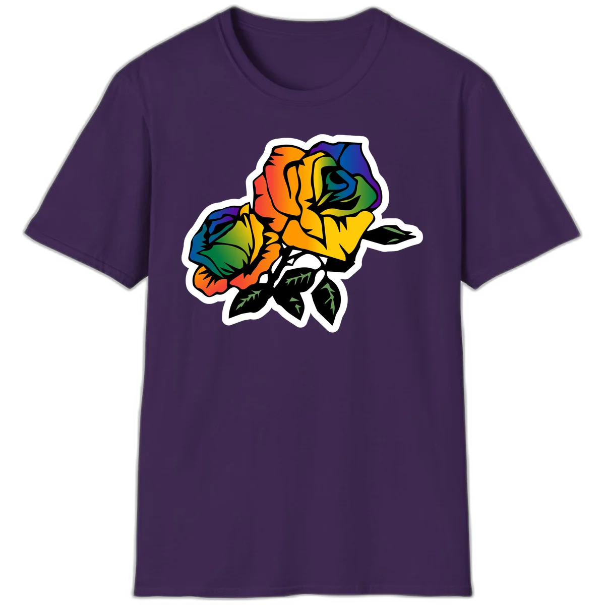 Rainbow pride rose illustration with red, orange, yellow, green, blue, and purple petals, black outline, and green leaves on white background in Purple