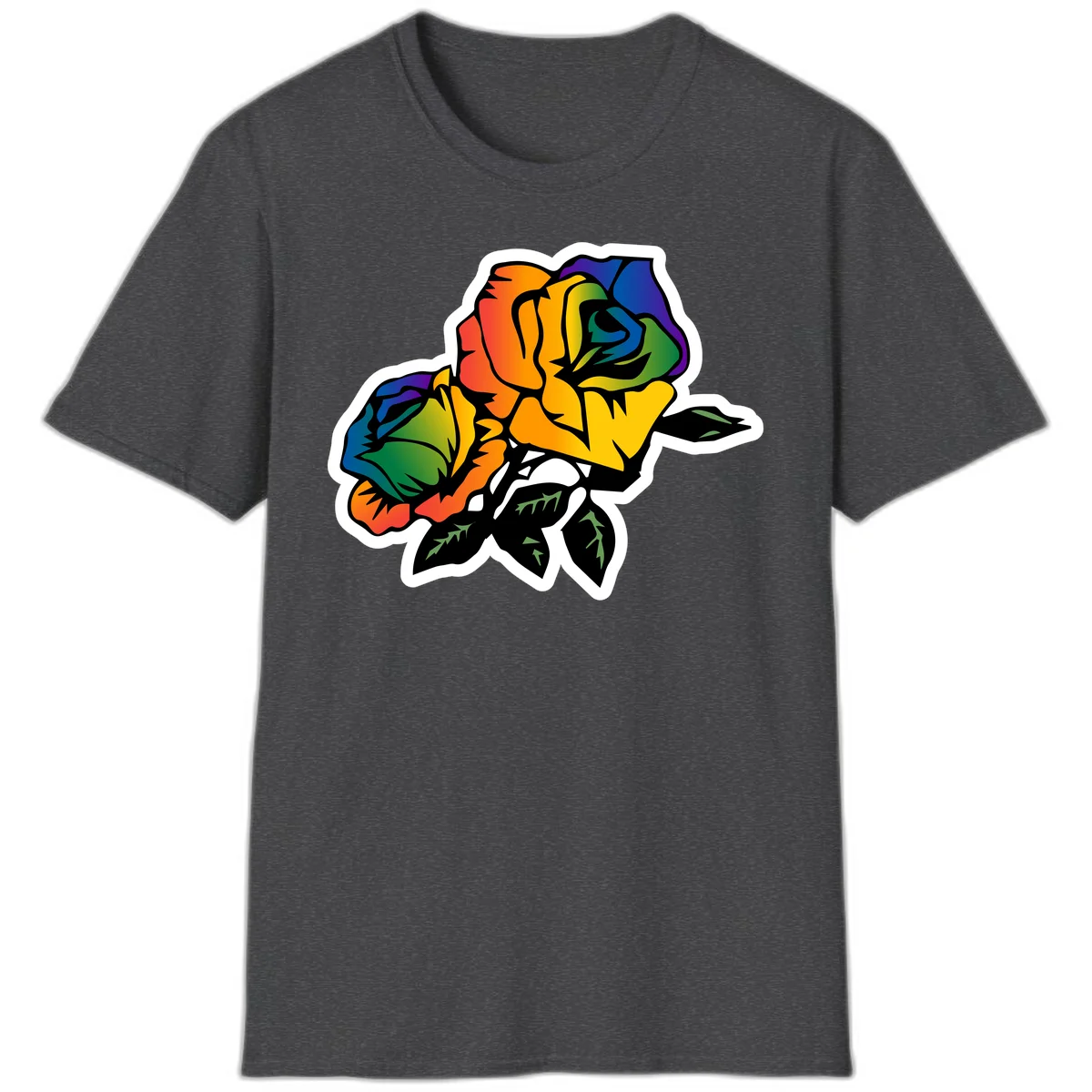 Rainbow pride rose illustration with red, orange, yellow, green, blue, and purple petals, black outline, and green leaves on white background in Dark Heather
