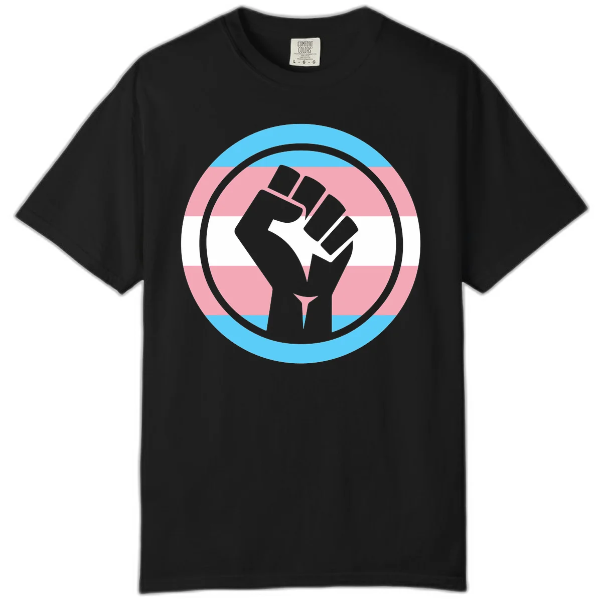 Gray raised fist inside circular badge with trans pride flag stripes in cyan, pink, and white horizontal bands in Black