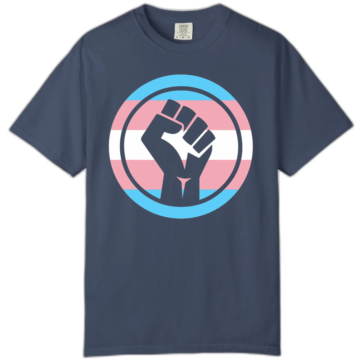 Gray raised fist inside circular badge with trans pride flag stripes in cyan, pink, and white horizontal bands in Midnight