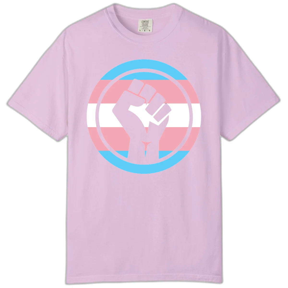 Gray raised fist inside circular badge with trans pride flag stripes in cyan, pink, and white horizontal bands in Orchid