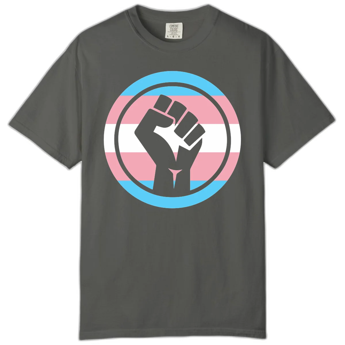 Gray raised fist inside circular badge with trans pride flag stripes in cyan, pink, and white horizontal bands in Pepper