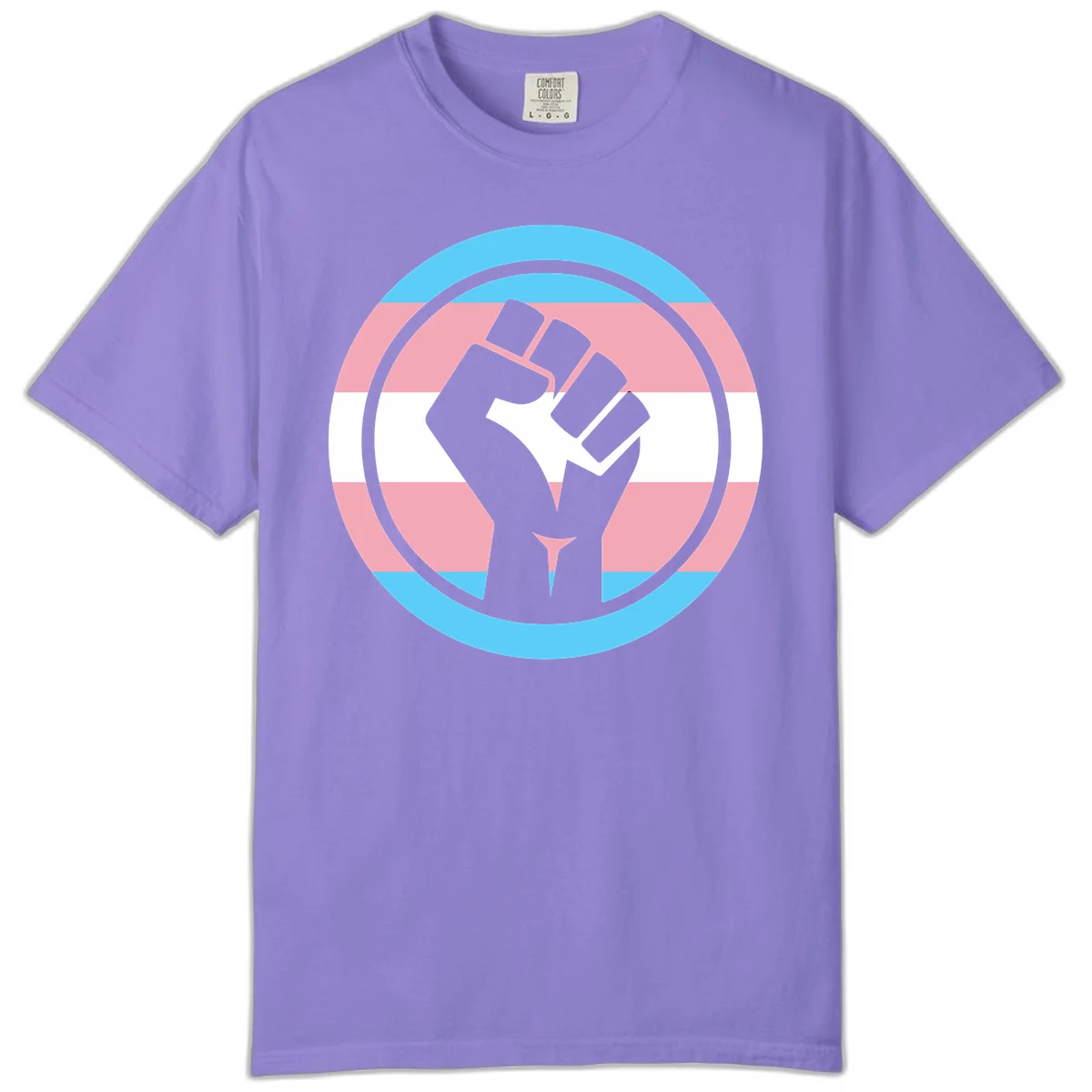 Gray raised fist inside circular badge with trans pride flag stripes in cyan, pink, and white horizontal bands in Violet