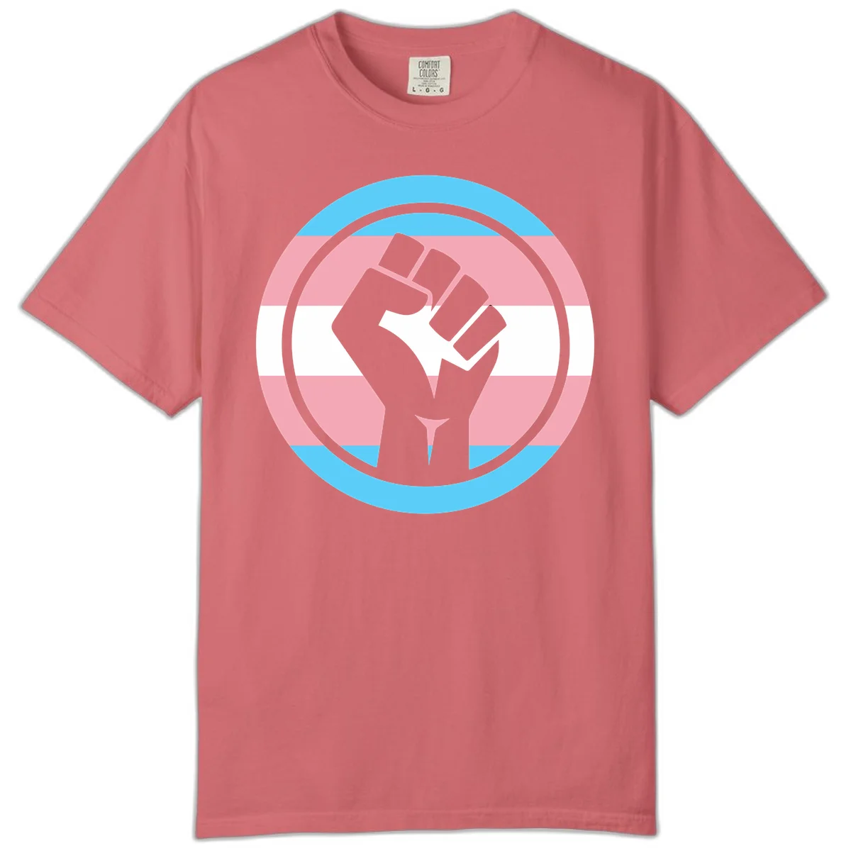 Gray raised fist inside circular badge with trans pride flag stripes in cyan, pink, and white horizontal bands in Watermelon
