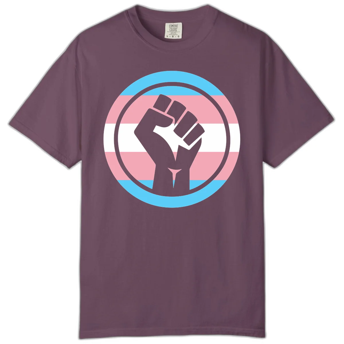 Gray raised fist inside circular badge with trans pride flag stripes in cyan, pink, and white horizontal bands in Berry