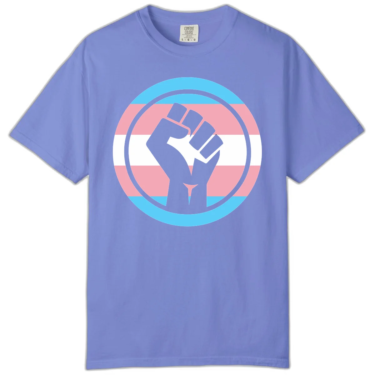 Gray raised fist inside circular badge with trans pride flag stripes in cyan, pink, and white horizontal bands in Flo Blue