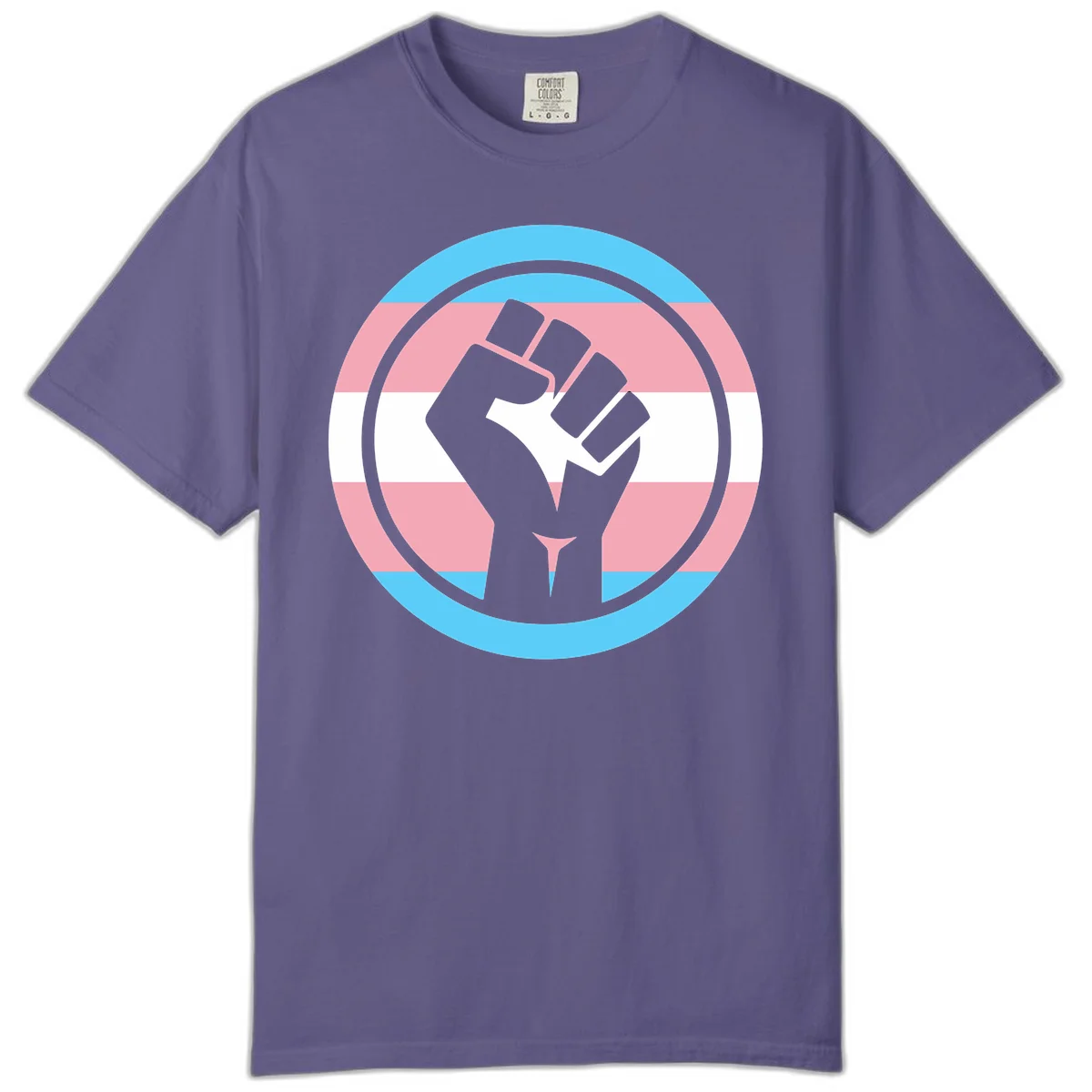 Gray raised fist inside circular badge with trans pride flag stripes in cyan, pink, and white horizontal bands in Grape