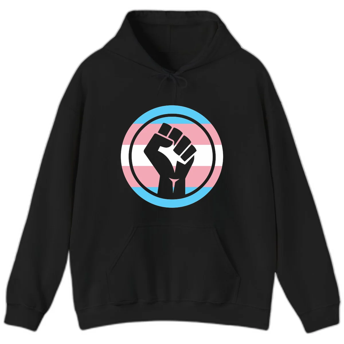 Gray raised fist inside circular badge with trans pride flag stripes in cyan, pink, and white horizontal bands in Black