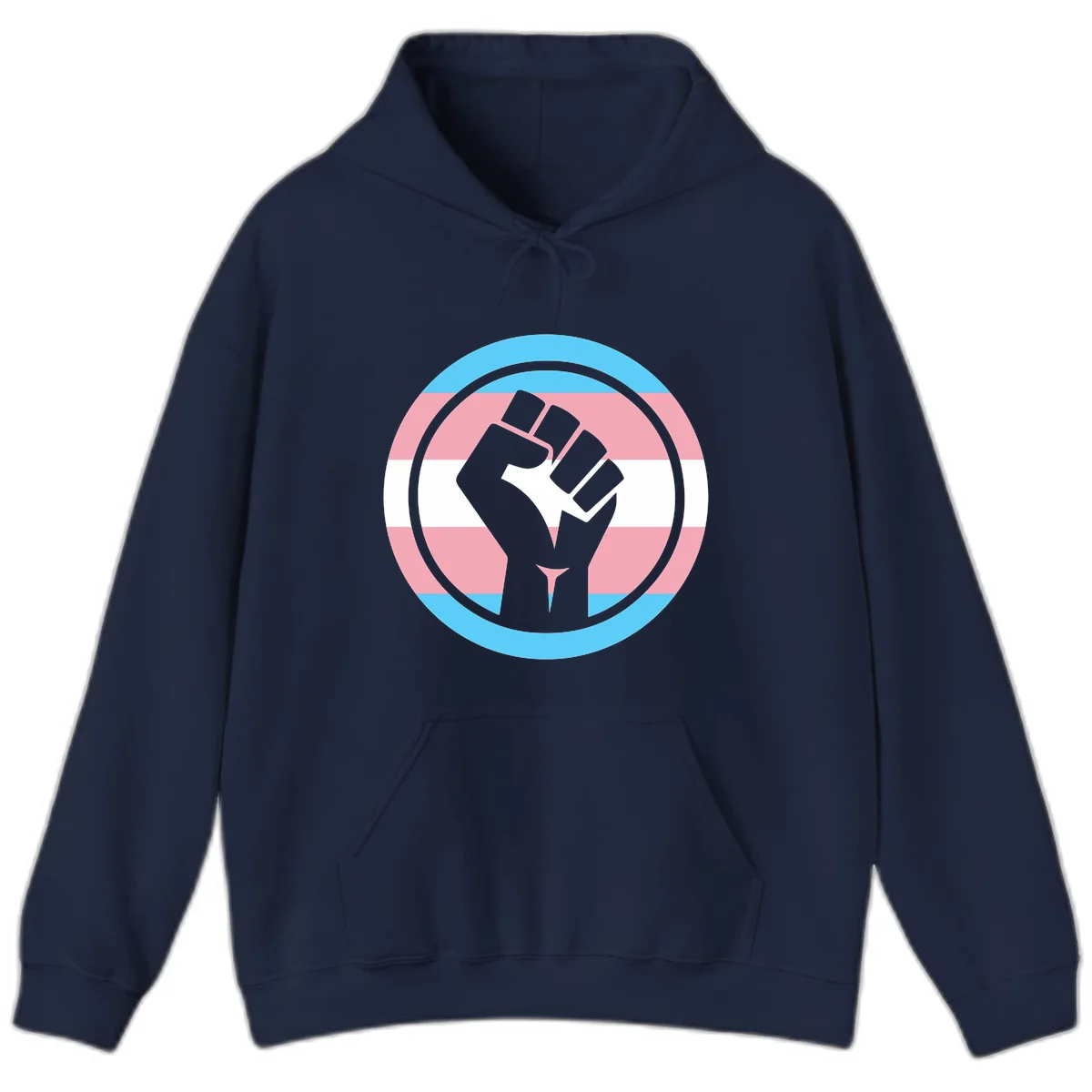 Gray raised fist inside circular badge with trans pride flag stripes in cyan, pink, and white horizontal bands in Navy