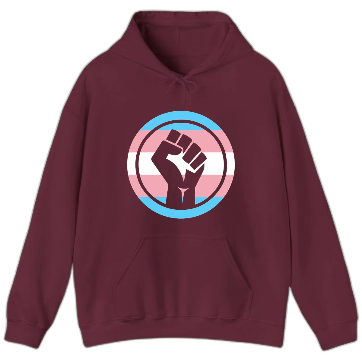 Gray raised fist inside circular badge with trans pride flag stripes in cyan, pink, and white horizontal bands in Maroon