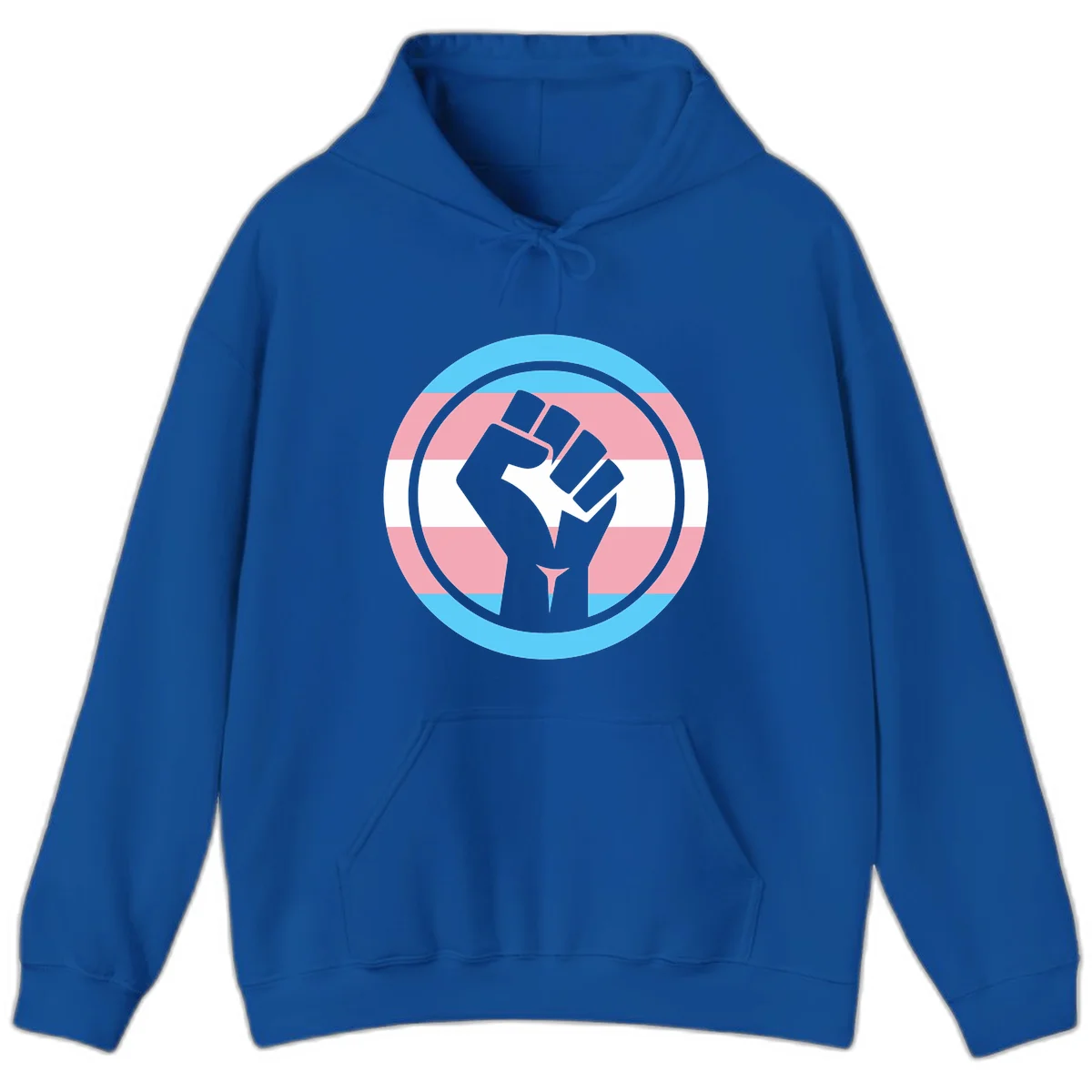 Gray raised fist inside circular badge with trans pride flag stripes in cyan, pink, and white horizontal bands in Royal