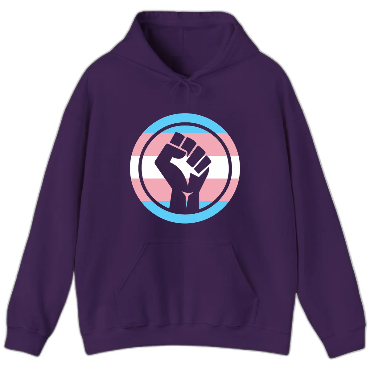 Gray raised fist inside circular badge with trans pride flag stripes in cyan, pink, and white horizontal bands in Purple
