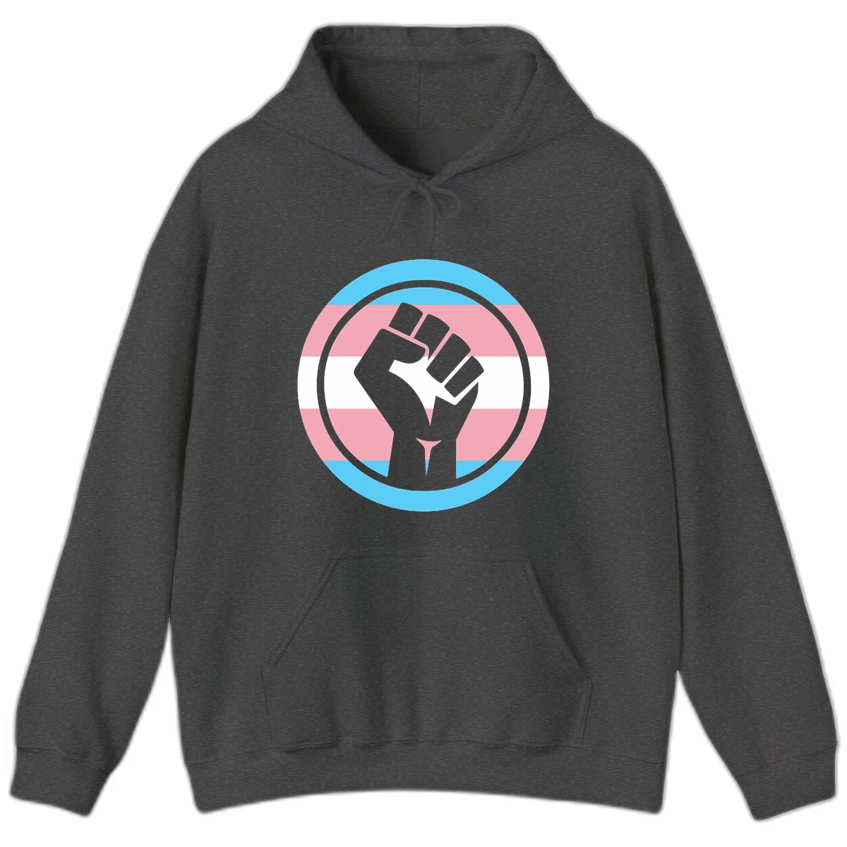 Gray raised fist inside circular badge with trans pride flag stripes in cyan, pink, and white horizontal bands in Dark Heather