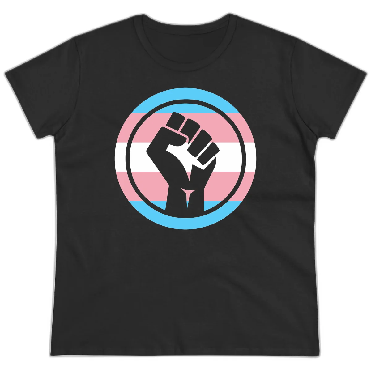 Gray raised fist inside circular badge with trans pride flag stripes in cyan, pink, and white horizontal bands in Black