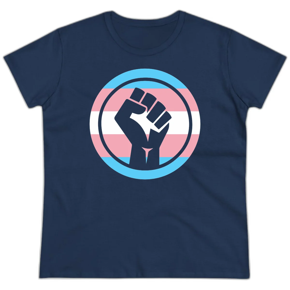 Gray raised fist inside circular badge with trans pride flag stripes in cyan, pink, and white horizontal bands in Navy