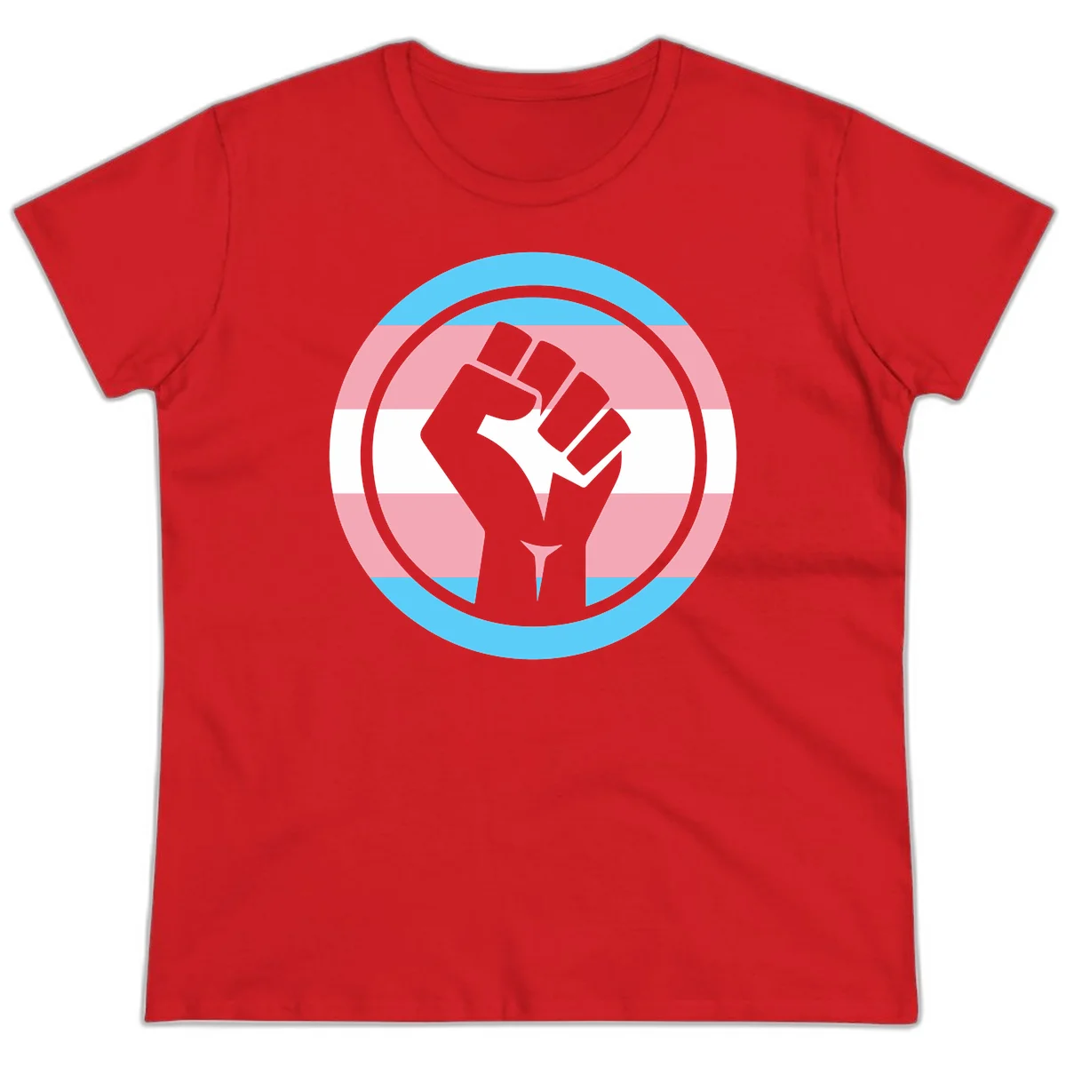 Gray raised fist inside circular badge with trans pride flag stripes in cyan, pink, and white horizontal bands in Red