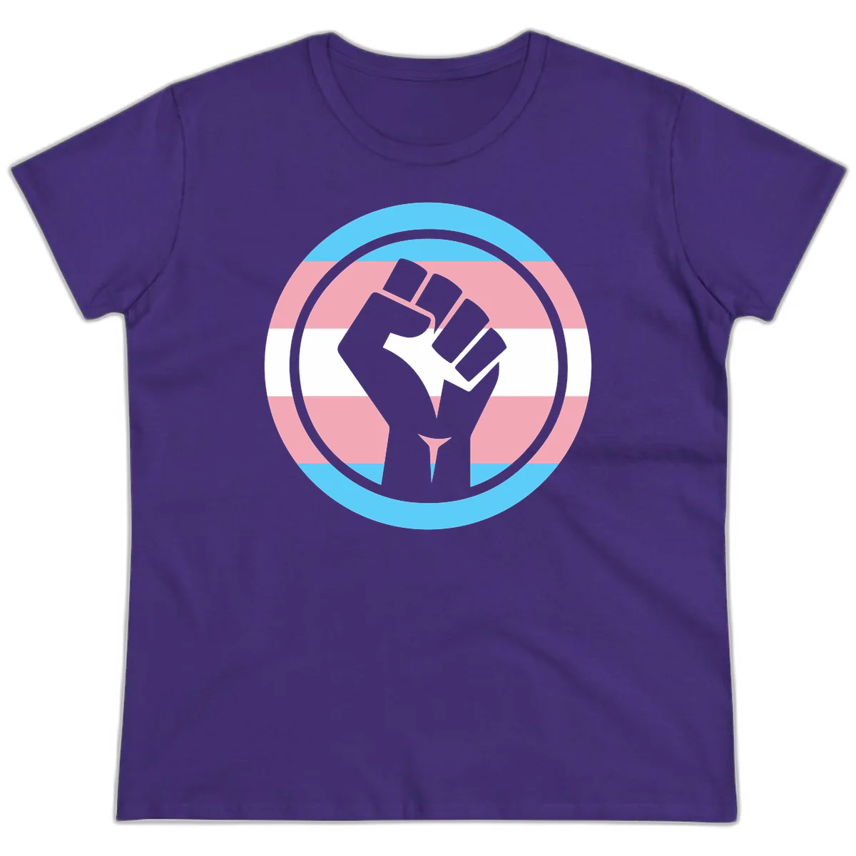 Gray raised fist inside circular badge with trans pride flag stripes in cyan, pink, and white horizontal bands in Purple
