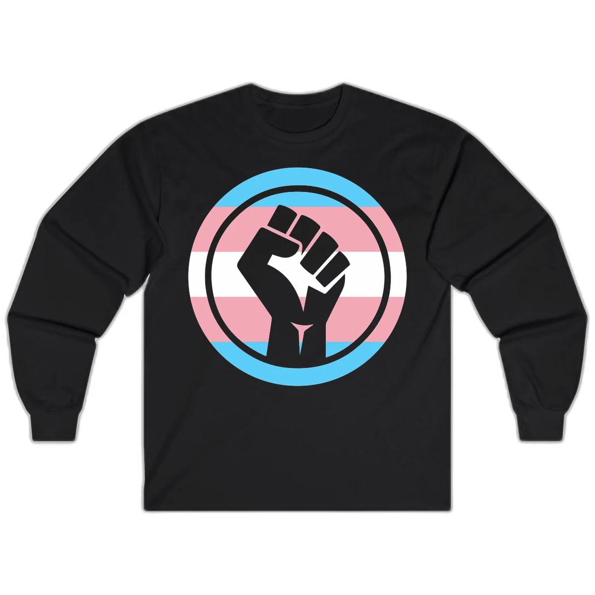 Gray raised fist inside circular badge with trans pride flag stripes in cyan, pink, and white horizontal bands in Black