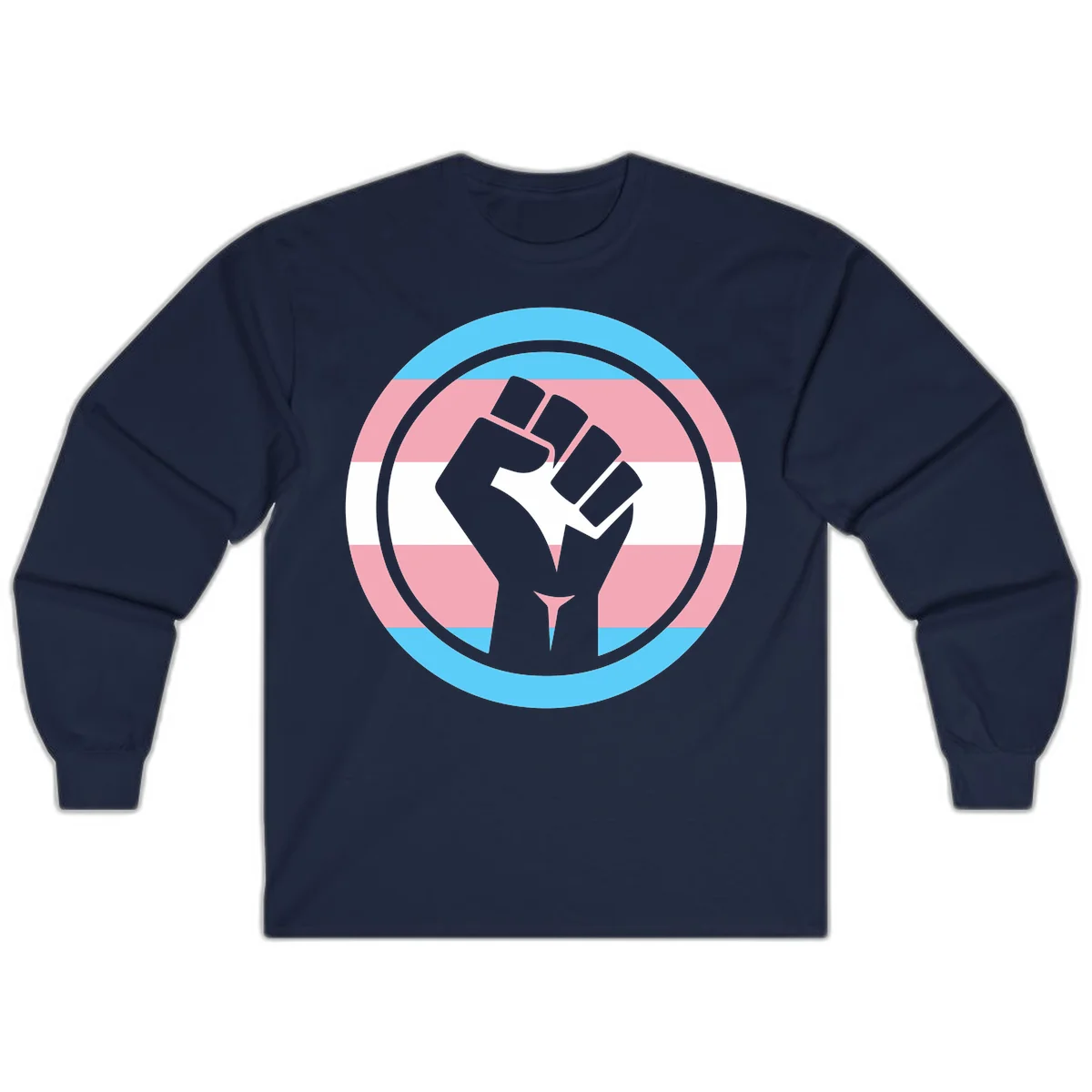 Gray raised fist inside circular badge with trans pride flag stripes in cyan, pink, and white horizontal bands in Navy