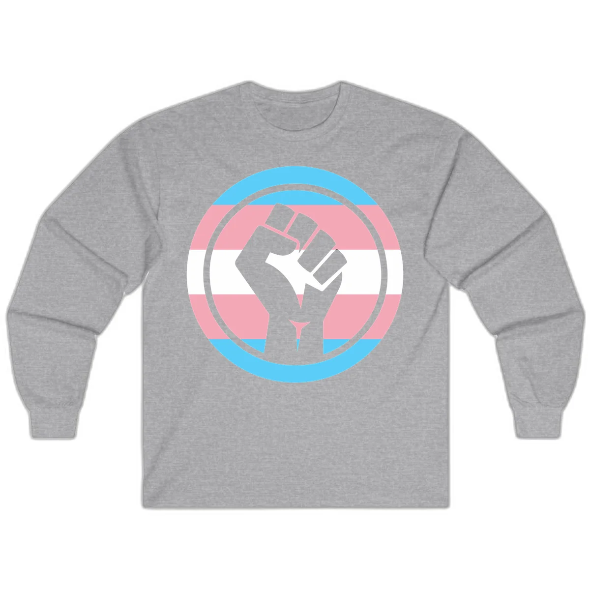 Gray raised fist inside circular badge with trans pride flag stripes in cyan, pink, and white horizontal bands in Sport Grey