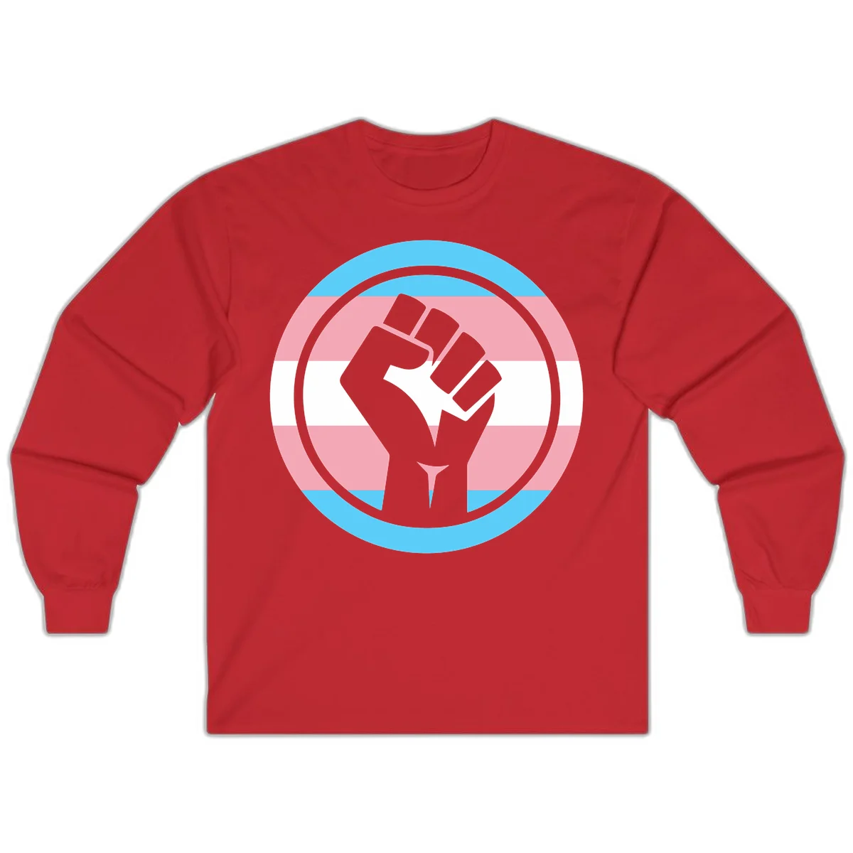 Gray raised fist inside circular badge with trans pride flag stripes in cyan, pink, and white horizontal bands in Red