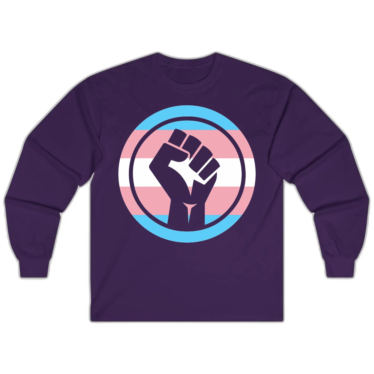 Gray raised fist inside circular badge with trans pride flag stripes in cyan, pink, and white horizontal bands in Purple