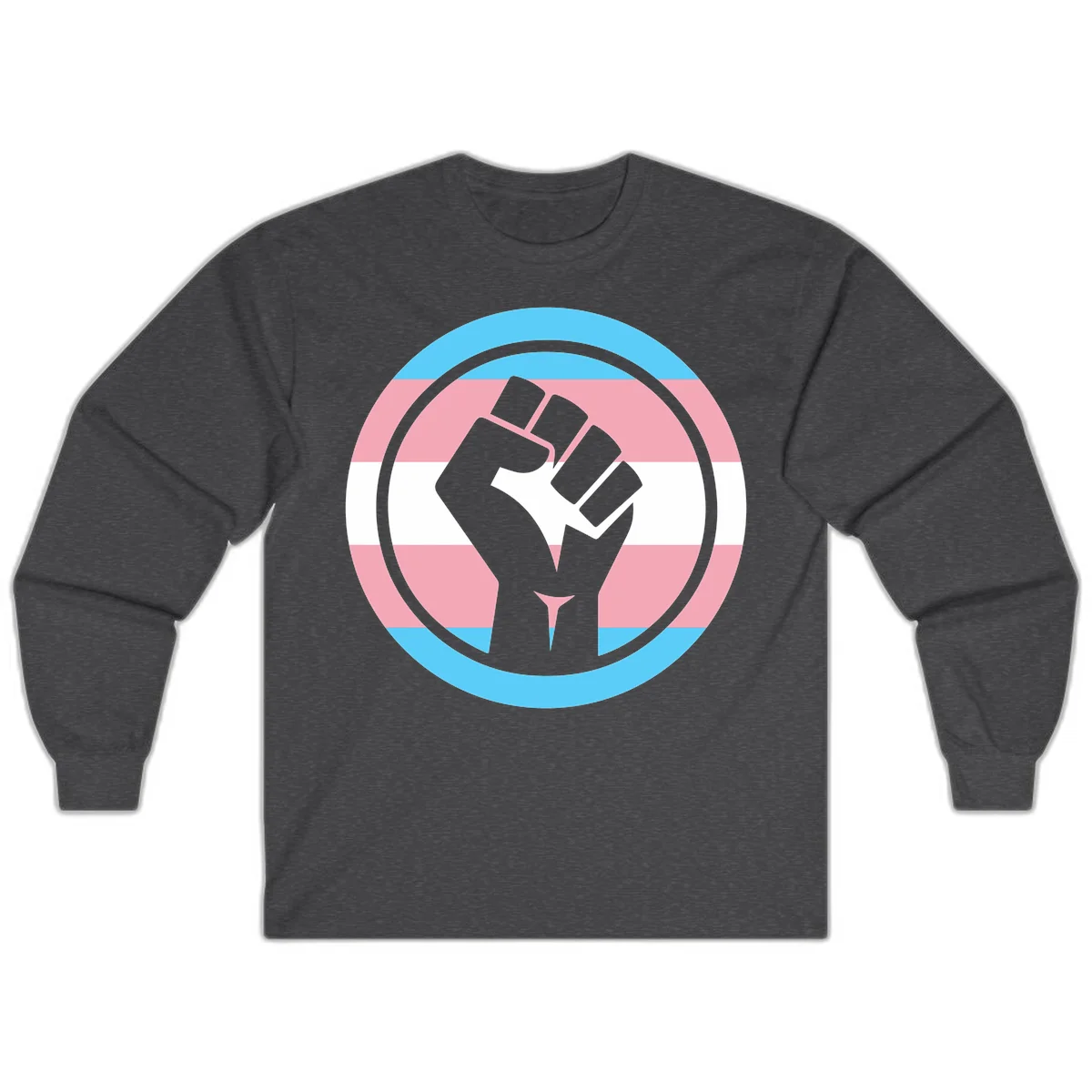 Gray raised fist inside circular badge with trans pride flag stripes in cyan, pink, and white horizontal bands in Dark Heather