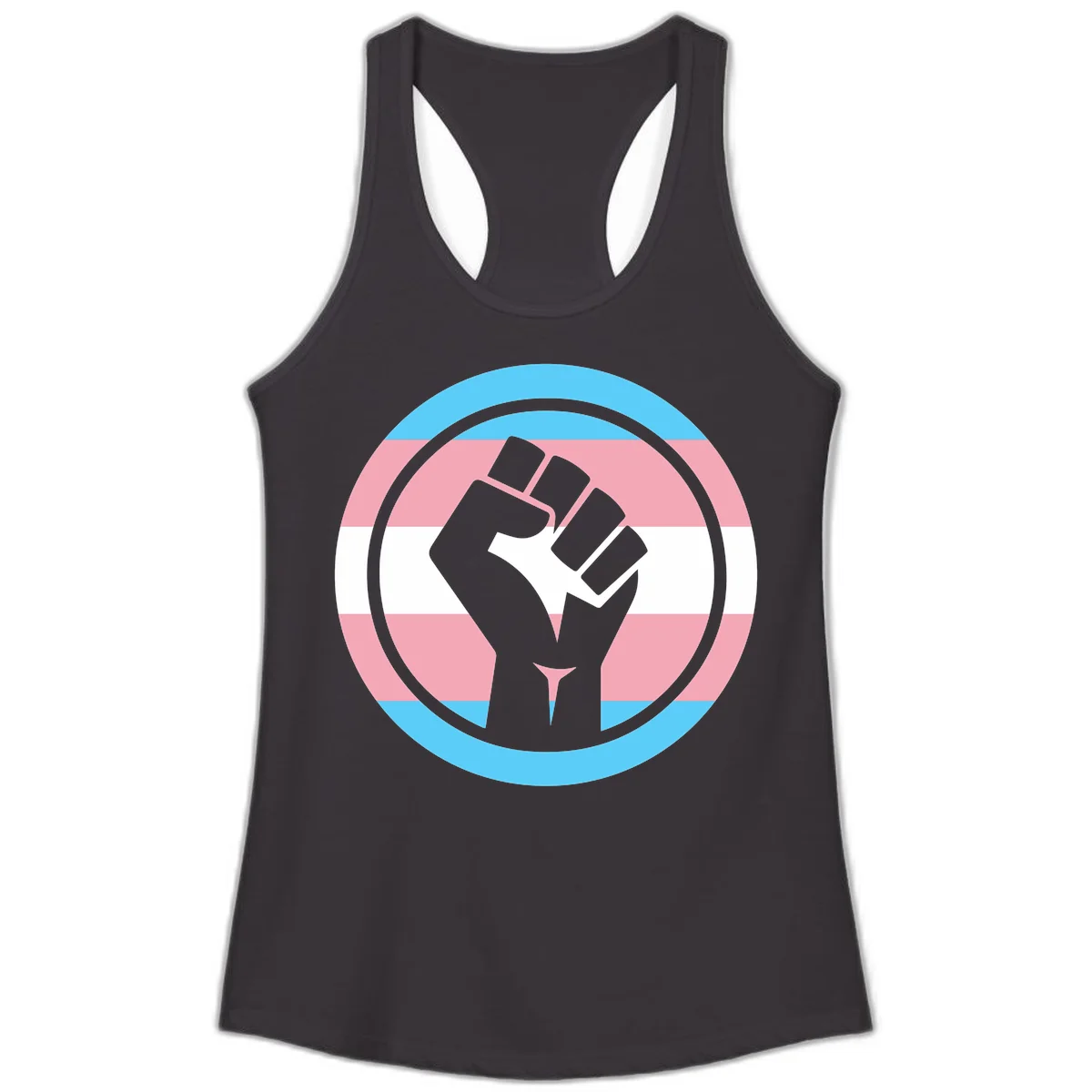 Gray raised fist inside circular badge with trans pride flag stripes in cyan, pink, and white horizontal bands in Black