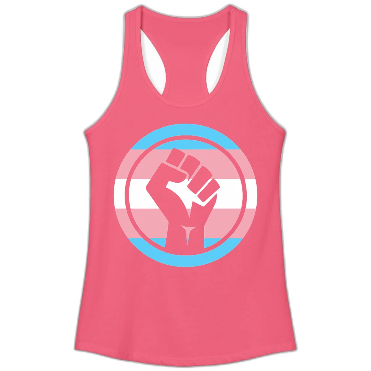 Gray raised fist inside circular badge with trans pride flag stripes in cyan, pink, and white horizontal bands in Hot Pink